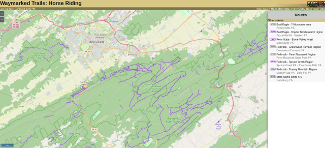 Map of horse riding trails around State College and Penn State
