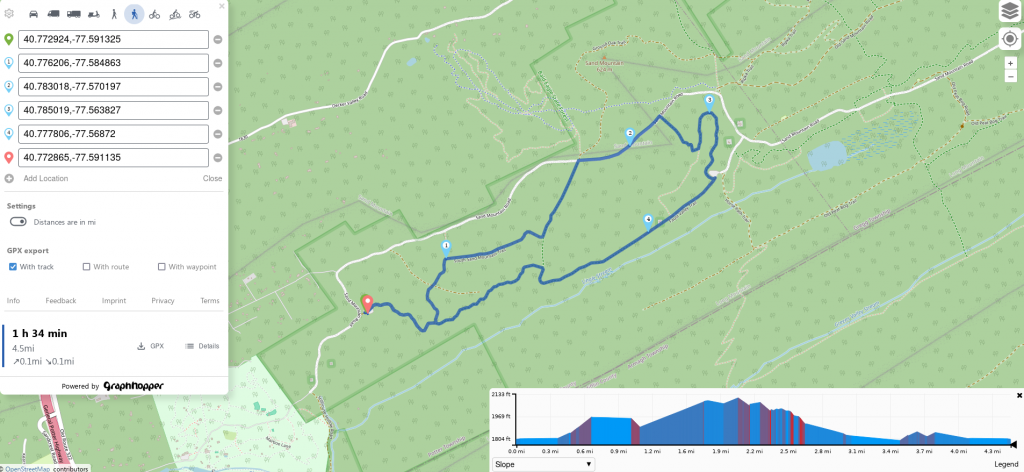 Map of 4.5 mile horse riding loop trail at Seven Mountains, Bald Eagle state forest