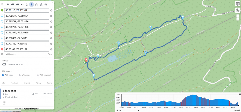 Map of 4.9 mile horse riding loop trail at Seven Mountains, Bald Eagle state forest