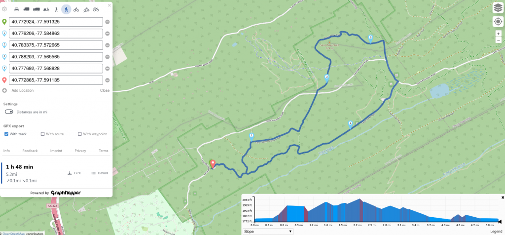 Map of 5.2 mile horse riding loop trail at Seven Mountains, Bald Eagle state forest